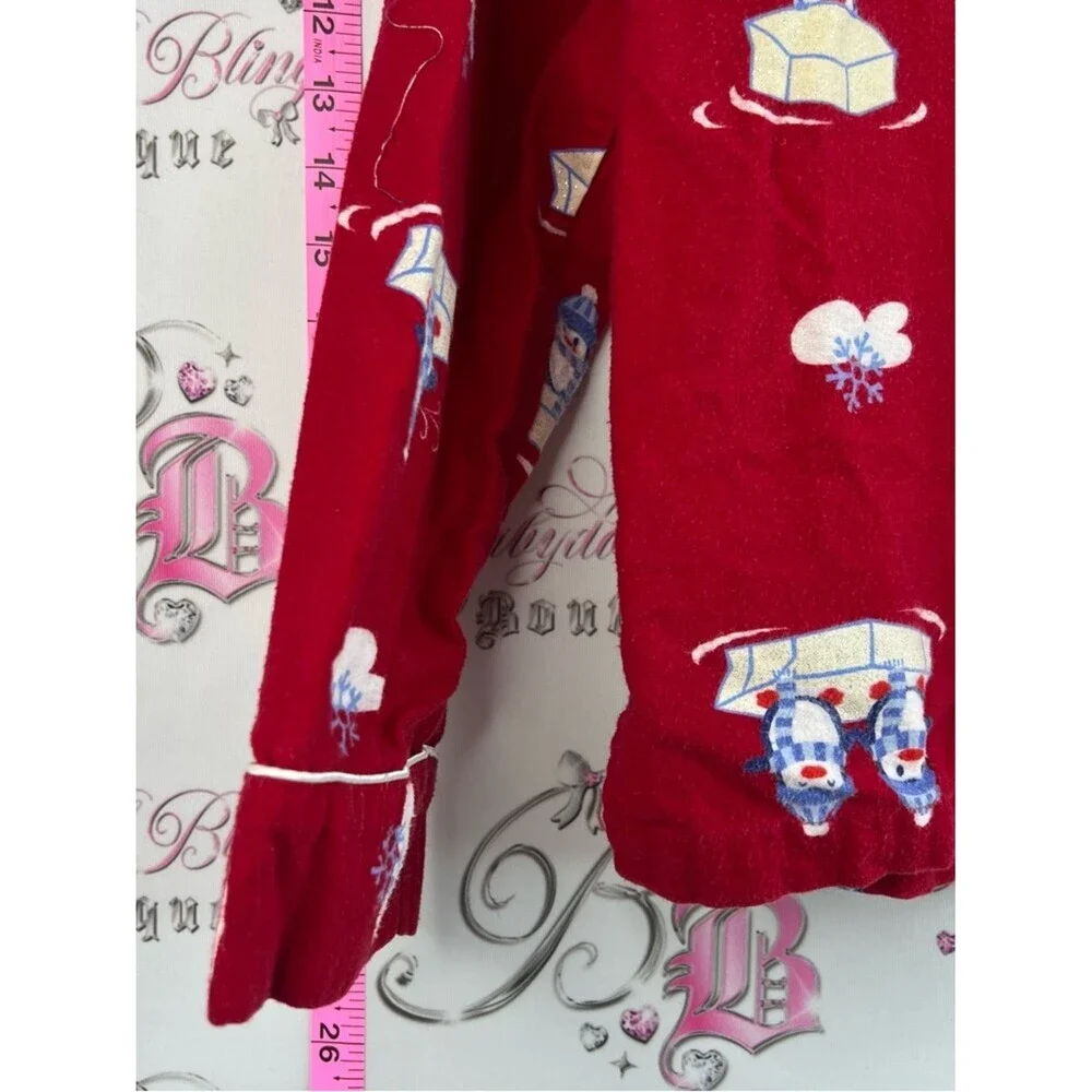 La SENZA shirt sparkly y2k button up Red Pajama Top with Penguin & Butter Print